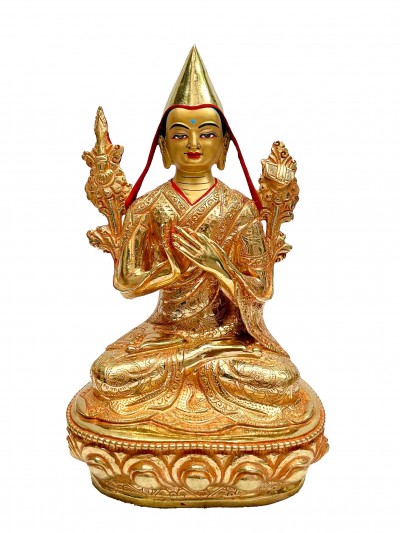 Buddhist Handmade Statue Of Tsongkhapa, [full Fire Gold Plated, Face Painted]
