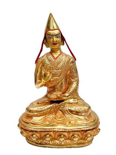 Buddhist Handmade Statue Of Tsongkhapa, [full Fire Gold Plated, Face Painted]