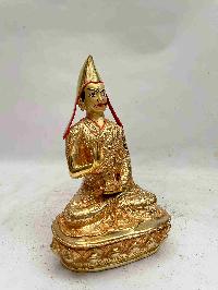 Buddhist Handmade Statue Of Tsongkhapa, [full Fire Gold Plated, Face Painted]