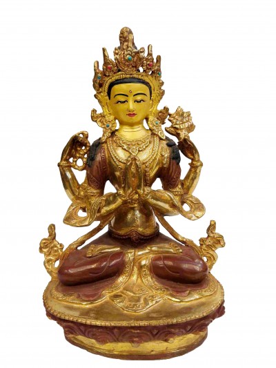 Buddhist Handmade Statue Of Chenrezig, [partly Gold Plated, Face Painted]