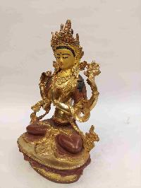 Buddhist Handmade Statue Of Chenrezig, [partly Gold Plated, Face Painted]