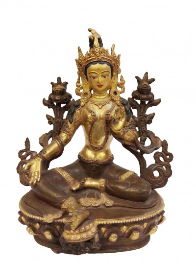 Buddhist Handmade Statue Of Green Tara, [partly Gold Plated, Face Painted]