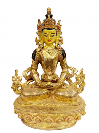 Buddhist Handmade Statue Of Aparimita, [full Gold Plated, Face Painted, Stone Setting], Amitayus, Chepame