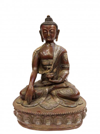 Buddhist Handmade Statue Of Shakyamuni Buddha, [chocolate And Silver Oxidized]
