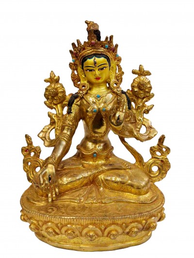 Buddhist Handmade Statue Of White Tara, [full Fire Gold Plated, Stone Setting, Face Painted]