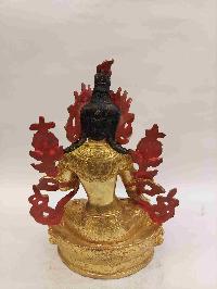 Buddhist Handmade Statue Of White Tara, [full Fire Gold Plated, Stone Setting, Face Painted]