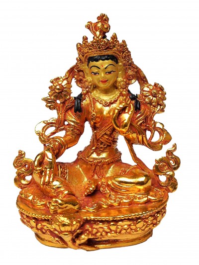 Buddhist Miniature Statue Of Green Tara, [full Gold Plated. Face Painted]