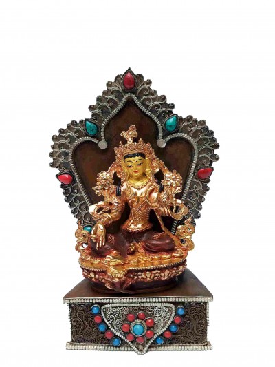Buddhist Miniature Statue Of Green Tara With Throne, [partly Gold Plated, Face Painted, Stone Setting]