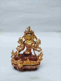 Buddhist Miniature Statue Of Green Tara With Throne, [partly Gold Plated, Face Painted, Stone Setting]