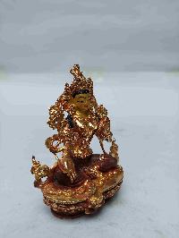 Buddhist Miniature Statue Of Green Tara With Throne, [partly Gold Plated, Face Painted, Stone Setting]