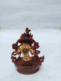 Buddhist Miniature Statue Of Green Tara With Throne, [partly Gold Plated, Face Painted, Stone Setting]