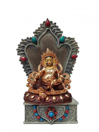 Buddhist Miniature Statue Of Yellow Jambhala With Throne, [partly Gold Plated, Face Painted, Stone Setting]