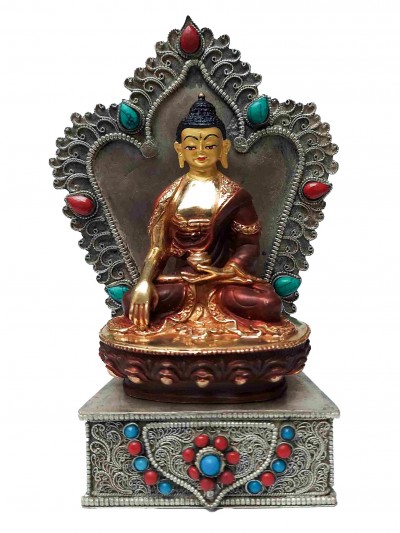 Buddhist Miniature Statue Of Shakyamuni Buddha With Throne, [partly Gold Plated, Face Painted, Stone Setting]