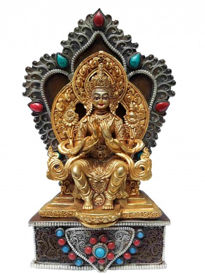 Buddhist Miniature Statue Of Maitreya Buddha With Throne, [full Gold Plated, Face Painted, Stone Setting]