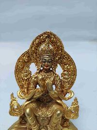 Buddhist Miniature Statue Of Maitreya Buddha With Throne, [full Gold Plated, Face Painted, Stone Setting]