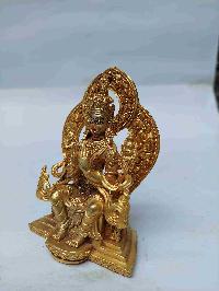 Buddhist Miniature Statue Of Maitreya Buddha With Throne, [full Gold Plated, Face Painted, Stone Setting]