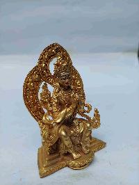 Buddhist Miniature Statue Of Maitreya Buddha With Throne, [full Gold Plated, Face Painted, Stone Setting]