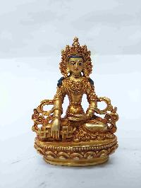 Buddhist Miniature Statue Of Shakyamuni Buddha With Throne, [full Gold Plated, Face Painted, Stone Setting]