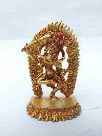 Buddhist Miniature Statue Of Khadga Yogini With Throne, [full Gold Plated, Face Painted, Stone Setting]