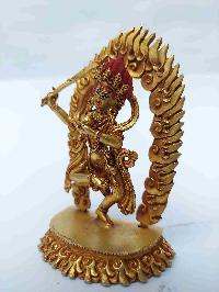 Buddhist Miniature Statue Of Khadga Yogini With Throne, [full Gold Plated, Face Painted, Stone Setting]