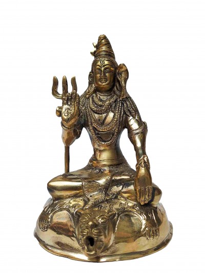 Buddhist Handmade Statue Of Shiva, [full Gold Plated, Stone Setting, Face Painted]