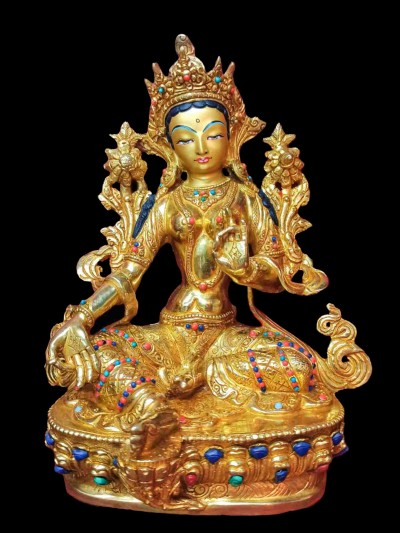 Buddhist Handmade Statue Of Green Tara, [full Fire Gold Plated, Stone Setting, Face Painted]