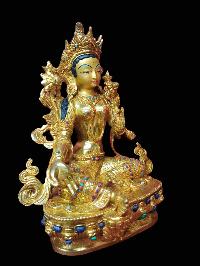 Buddhist Handmade Statue Of Green Tara, [full Fire Gold Plated, Stone Setting, Face Painted]