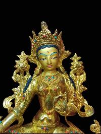 Buddhist Handmade Statue Of Green Tara, [full Fire Gold Plated, Stone Setting, Face Painted]