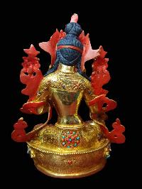 Buddhist Handmade Statue Of Green Tara, [full Fire Gold Plated, Stone Setting, Face Painted]