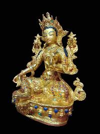 Buddhist Handmade Statue Of Green Tara, [full Fire Gold Plated, Stone Setting, Face Painted]