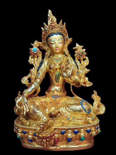 Buddhist Handmade Statue Of Green Tara, [full Fire Gold Plated, Stone Setting, Face Painted]