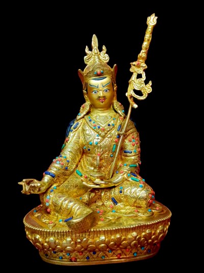 Buddhist Handmade Statue Of Padmasambhava [guru Rinpoche], [full Fire Gold Plated, Stone Setting, Face Painted]