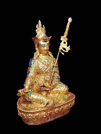 Buddhist Handmade Statue Of Padmasambhava [guru Rinpoche], [full Fire Gold Plated, Stone Setting, Face Painted]