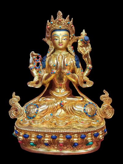 Buddhist Handmade Statue Of Chenrezig, [full Fire Gold Plated, Stone Setting, Face Painted]