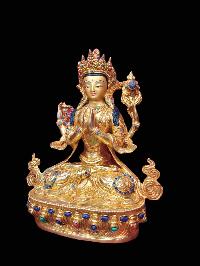 Buddhist Handmade Statue Of Chenrezig, [full Fire Gold Plated, Stone Setting, Face Painted]
