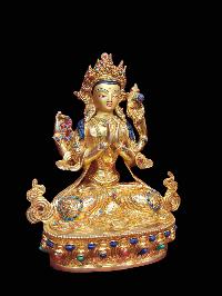 Buddhist Handmade Statue Of Chenrezig, [full Fire Gold Plated, Stone Setting, Face Painted]