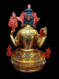 Buddhist Handmade Statue Of Chenrezig, [full Fire Gold Plated, Stone Setting, Face Painted]
