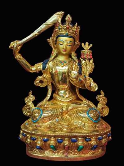 Buddhist Handmade Statue Of Manjushri, [full Fire Gold Plated, Stone Setting, Face Painted]