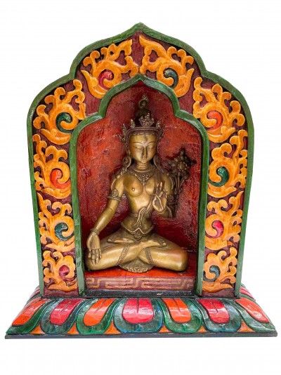 Buddhist Handmade Statue Of White Tara, [full Gold Plated, Stone Setting, Face Painted] With Wooden Altar