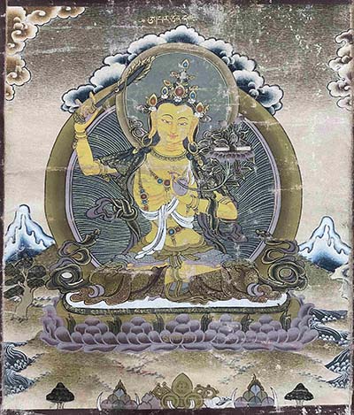 [old], Buddhist Handmade Thangka Of Manjushri, [hand Painted, Real Gold]