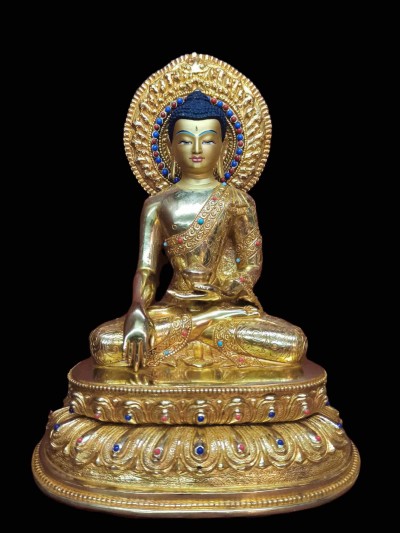 Buddhist Handmade Statue Of Shakyamuni Buddha, [full Gold Plated, Stone Setting, Face Painted]