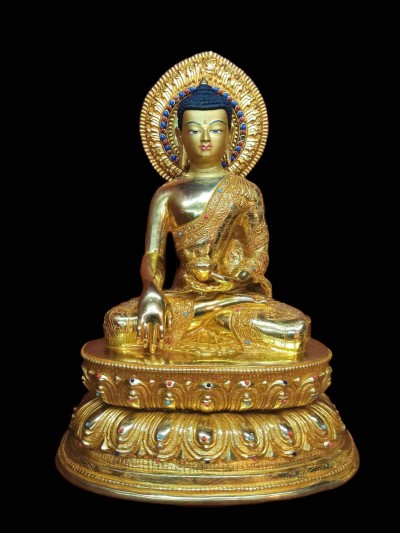 Buddhist Handmade Statue Of Shakyamuni Buddha, [full Gold Plated, Stone Setting, Face Painted]