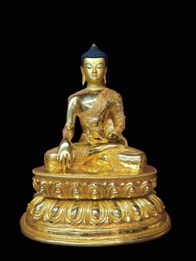 Buddhist Handmade Statue Of Shakyamuni Buddha, [full Gold Plated, Stone Setting, Face Painted]