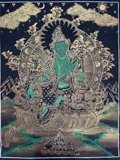 Buddhist Handmade Thangka Painting Of Green Tara, [real Gold, Hand Painted]
