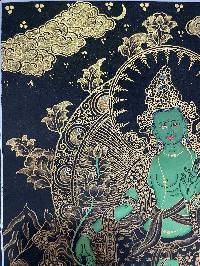 Buddhist Handmade Thangka Painting Of Green Tara, [real Gold, Hand Painted]