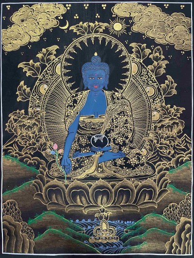 Buddhist Handmade Thangka Painting Of Medicine Buddha, [real Gold, Hand Painted]