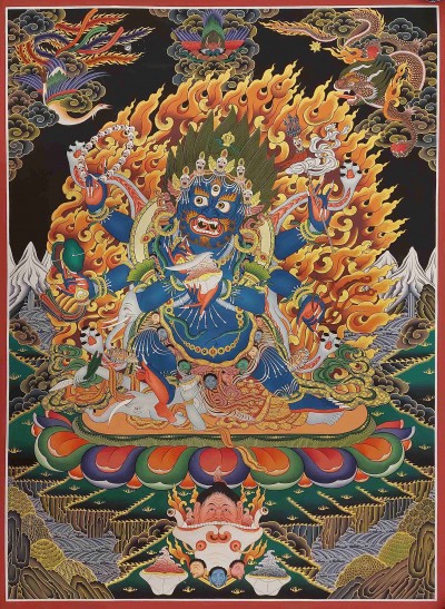 Buddhist Handmade Thangka Of Mahakala 6 Arms, [real Gold], [hand Painted]