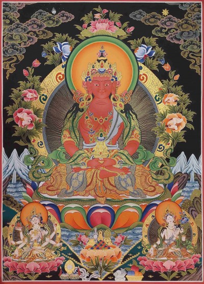 Buddhist Handmade Thangka Of Aparimita, Amitayus, [real Gold, Hand Painted], Amitayus, Chepame