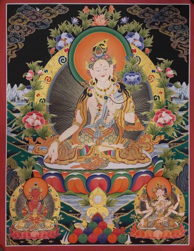 Buddhist Handmade Thangka Of White Tara, [real Gold, Hand Painted] Three Long Life Deities