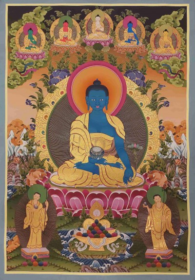 Buddhist Handmade Thangka Of Medicine Buddha, [real Gold, Hand Painted], Real Gold